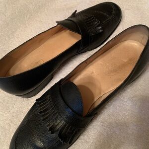Black Leather Loafers with Fringe Detail